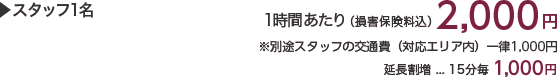 1時間あたり(損害保険料込)2,000円 ※別途スタッフの交通費(対応エリア内)一律1,000円 延長割増…15分毎1,000円