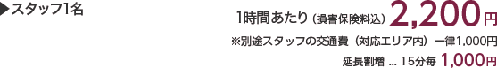 1時間あたり(損害保険料込)2,200円 ※別途スタッフの交通費(対応エリア内)一律1,000円 延長割増…15分毎1,000円