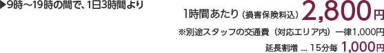 9時〜19時の間で、1日3時間より 1時間あたり(損害保険料込)2,600円 ※別途スタッフの交通費(対応エリア内)一律1,000円×人数分がかかります。 延長割増…15分毎1,000円