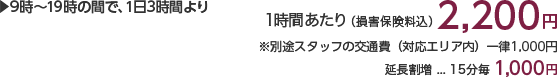 9時〜19時の間で、1日3時間より 1時間あたり(損害保険料込)2,200円 ※別途スタッフの交通費(対応エリア内)一律1,000円×人数分がかかります。 延長割増…15分毎1,000円