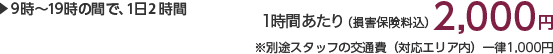 9時〜19時の間で、1日2時間 1時間あたり(損害保険料込)2,000円 ※別途スタッフの交通費(対応エリア内)一律1,000円×人数分がかかります。