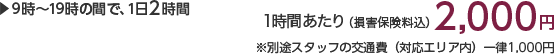 9時〜19時の間で、1日2時間 1時間あたり(損害保険料込)2,000円 ※別途スタッフの交通費(対応エリア内)一律1,000円