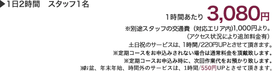お見積りやカウンセリングを含めたおためしプラン 1時間あたり(損害保険料込)2,000円 ※別途スタッフの交通費(対応エリア内)一律1,000円